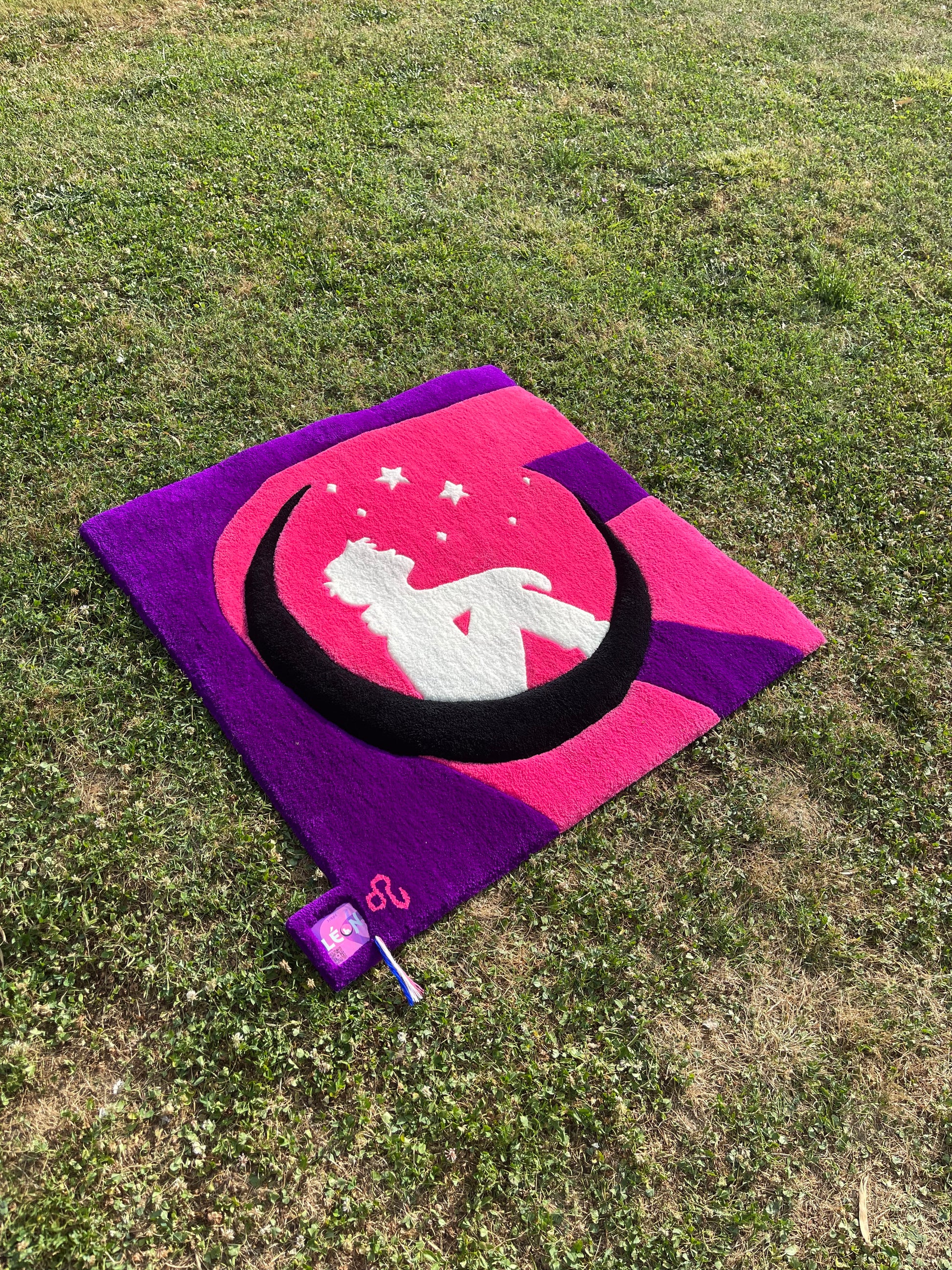 Œuvre décorative murale textile au design pop posée sur l'herbe, mettant en valeur ses proportions harmonieuses de 100x100 cm.