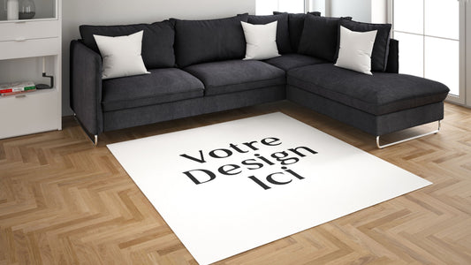Simulation de tapis sur mesure dans un grand salon, montrant les possibilités de personnalisation avec l'atelier Signé Léon.
