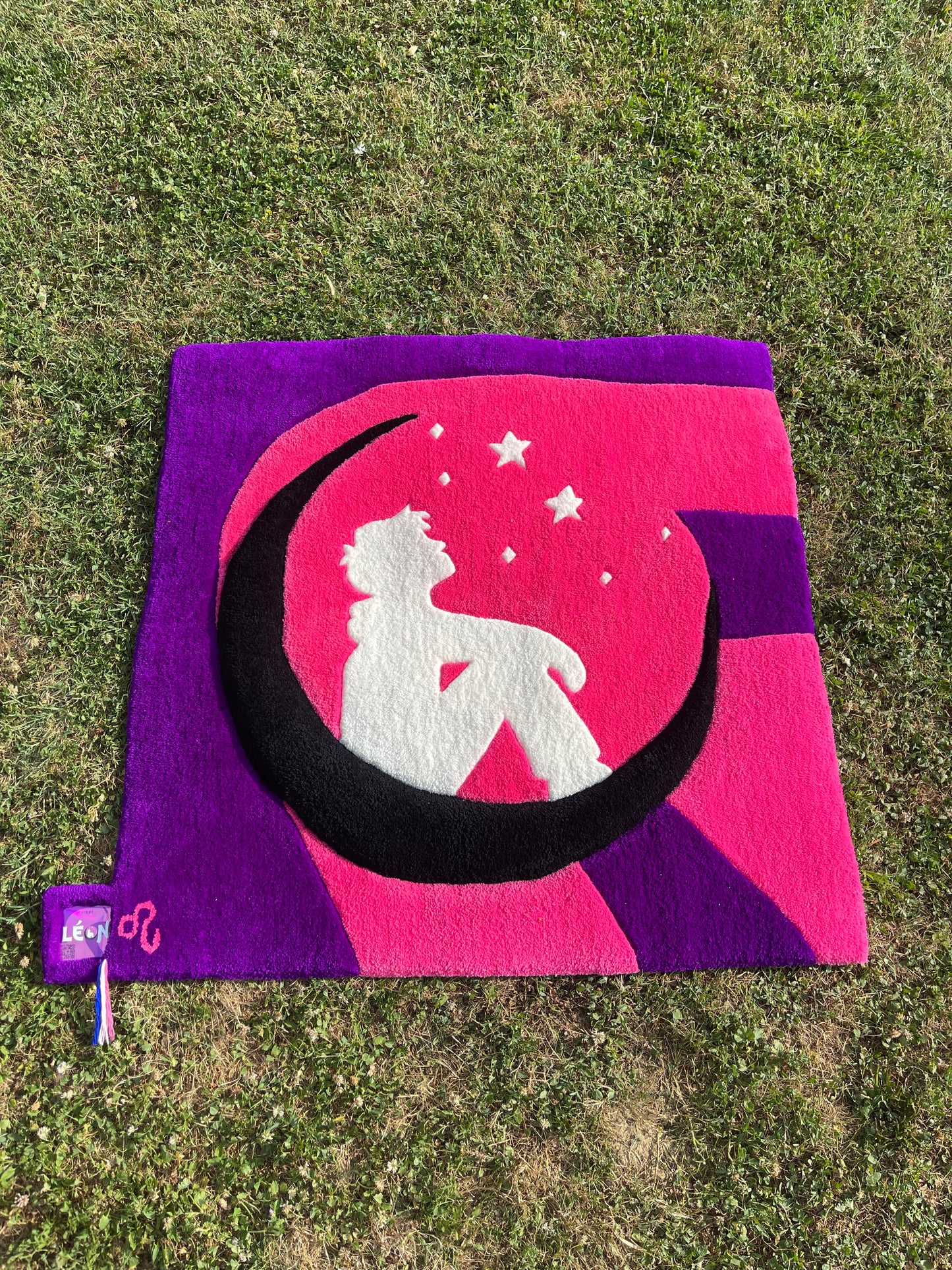 Vue de face du tapis mural Léon, une création originale tuftée à la main aux couleurs rose, violet et noir.